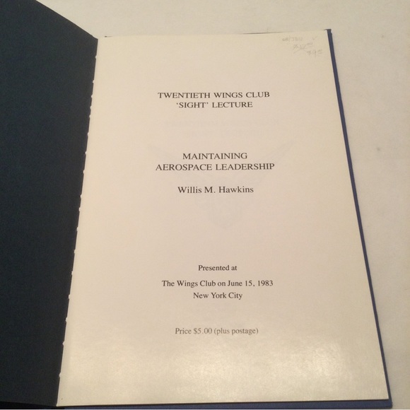 Twentieth Wings Club Sight Lecture Aero Space Leadership 1983 Willis Hawkins HC - Picture 5 of 5